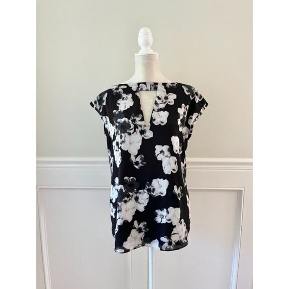 Floral Blouse Cap Sleeve Keyhole Lined L - Picture 2 of 4